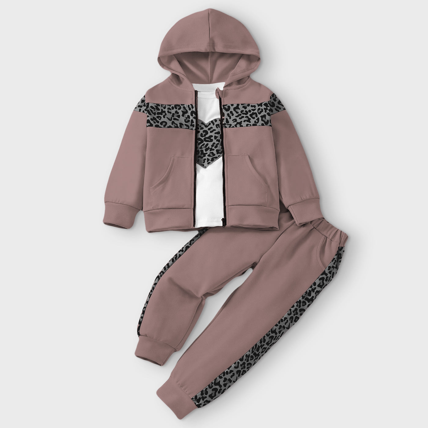 Girls Heart Printed Tee & Leopard Panel Zip Up Hoodie & Sweatpants (Winter Stuff)