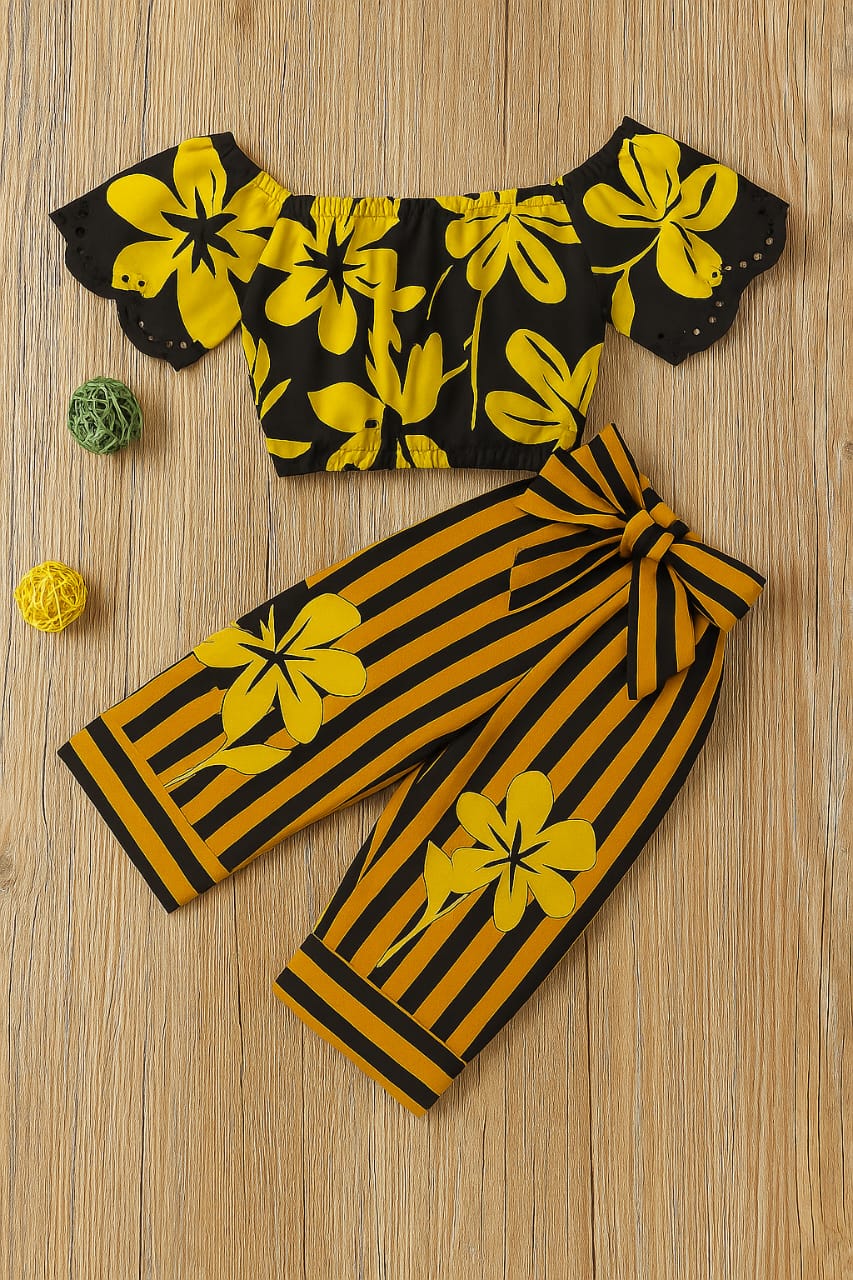Top floral with lines pajama set girls