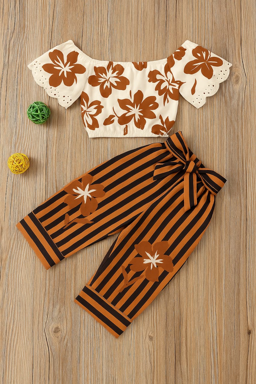 Top floral with lines pajama set girls