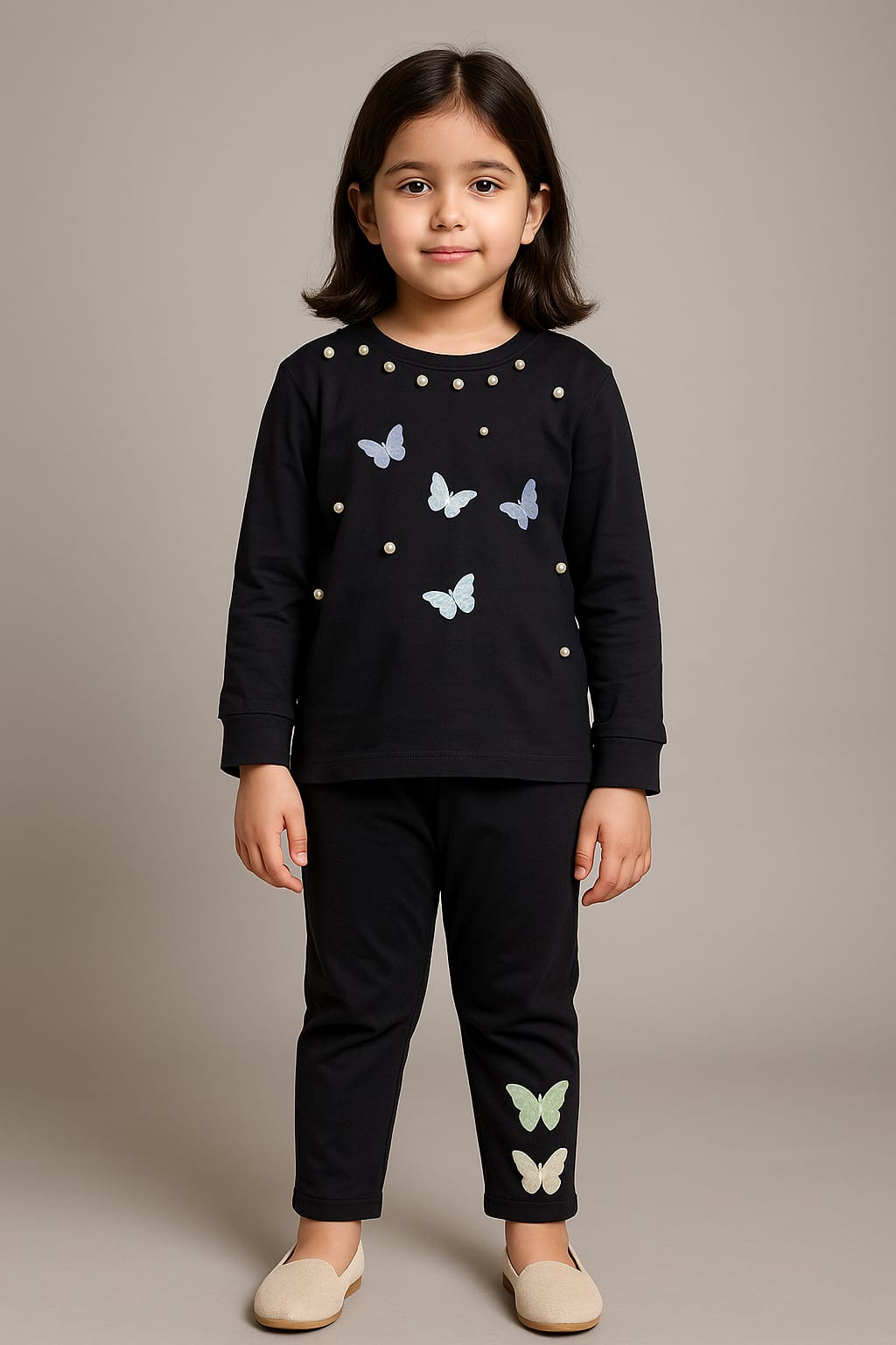 Girls 2 piece Toddler baby pajam t shirt black with head work
