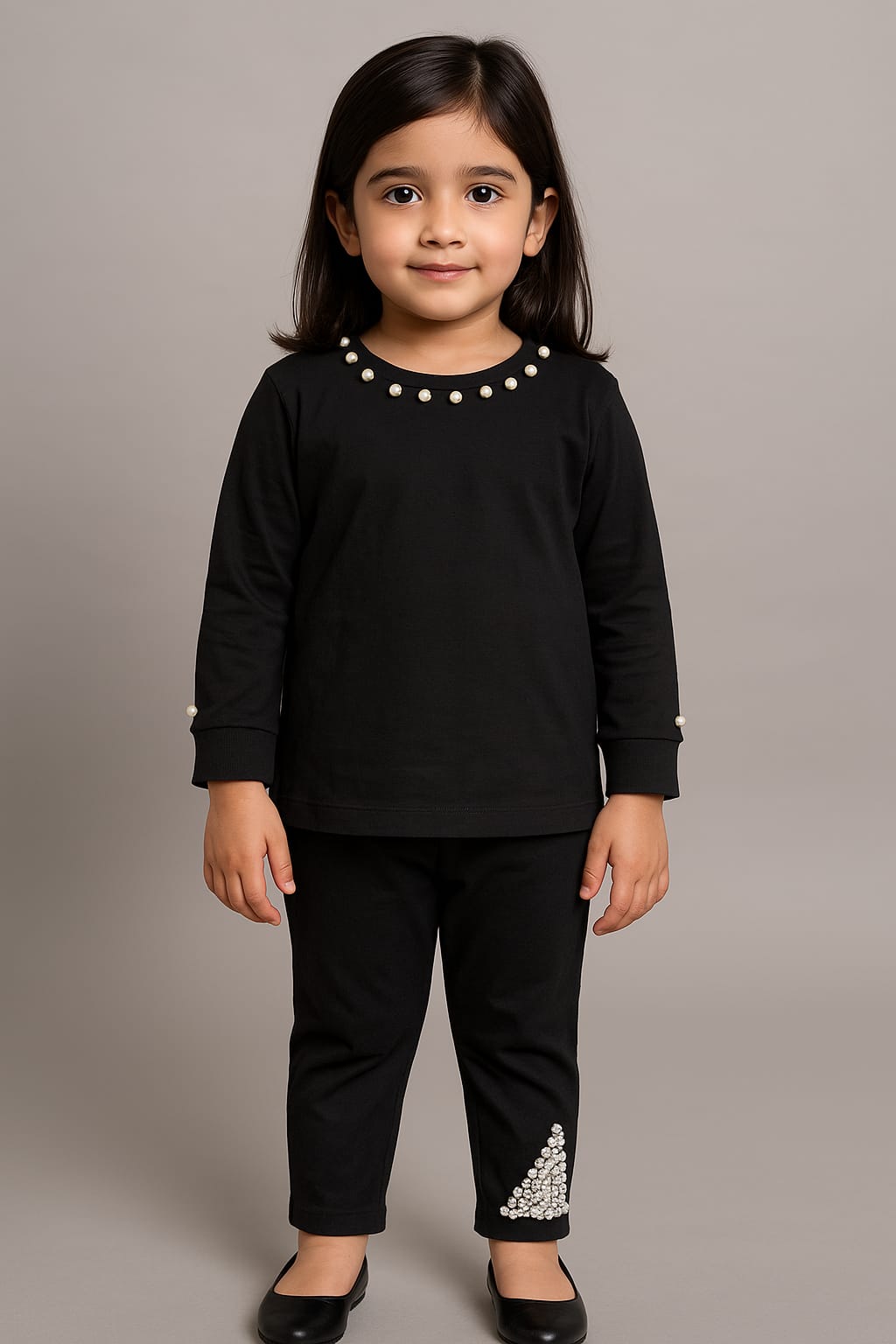 Girls 2 piece Toddler baby pajam t shirt black with head work