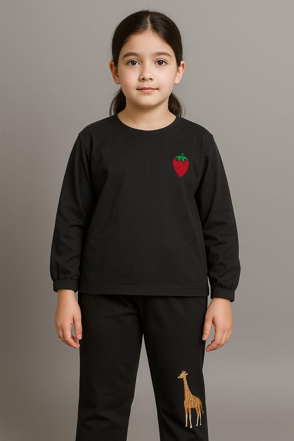 Girls 2 piece Toddler baby pajam t shirt black with head work
