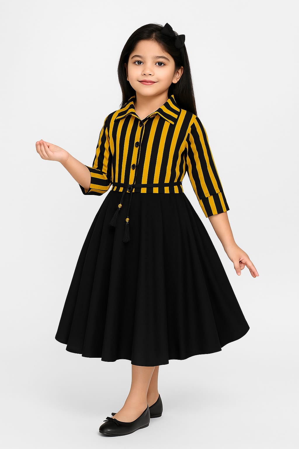 Girls hand made cute lines top with black skirt