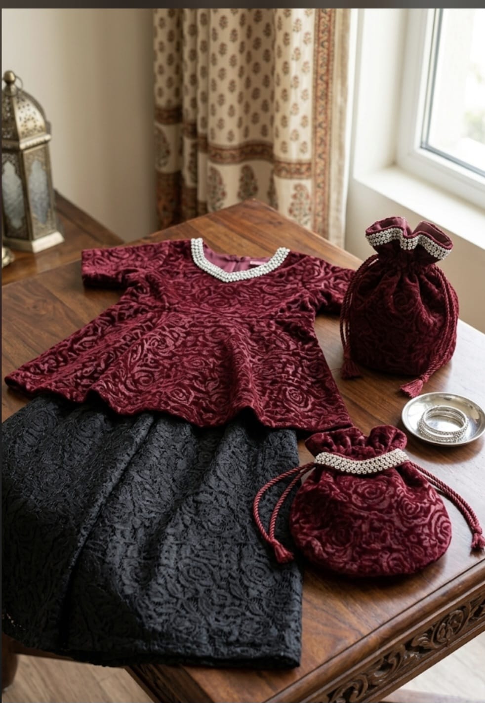 3 piece girls set design top frock pajama potly