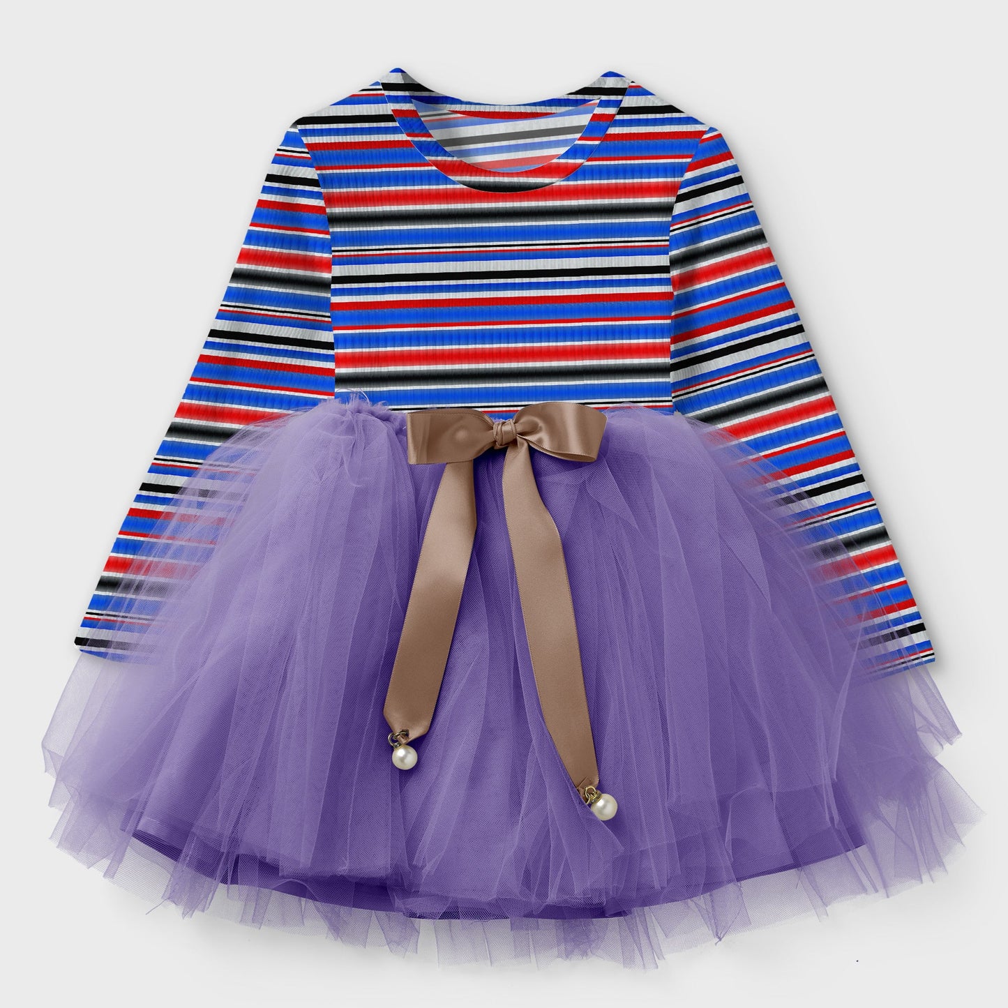 Girl & Toddler Multi-color lining Design Net Frock Dress (Winter Stuff)