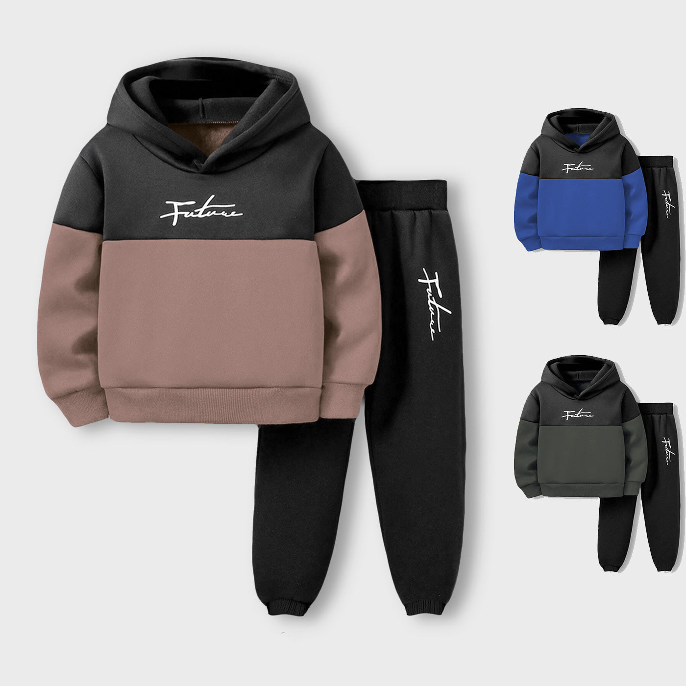 2pcs Boy's Color Clash Outfit, Hoodie & Sweatpants Set (Winter Stuff)