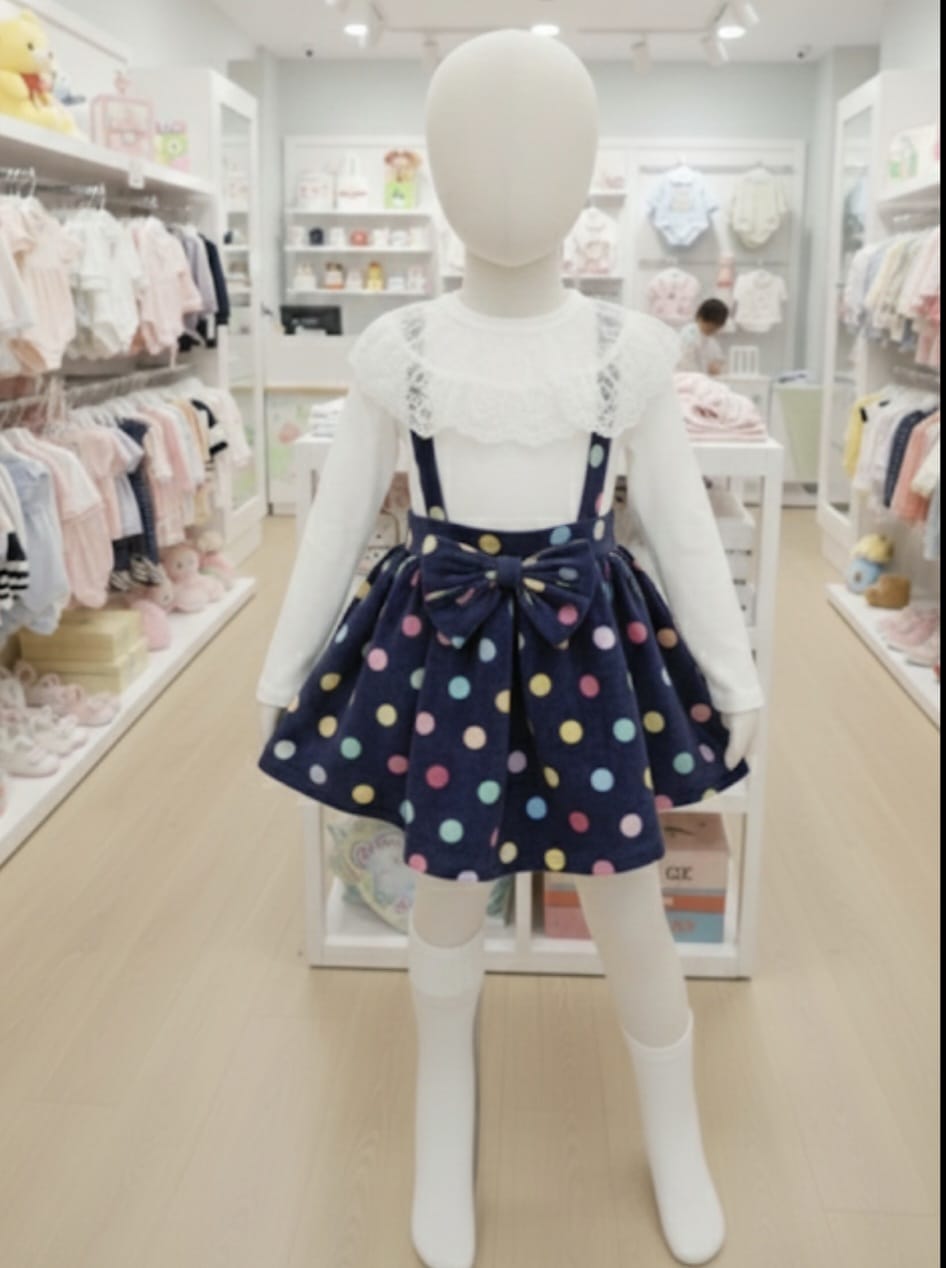 Girls Set with black skirt wool polka dots top shirt