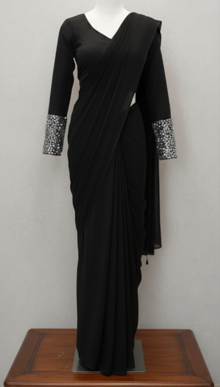 summer shafoon BLACK SLEEVE WORK saree