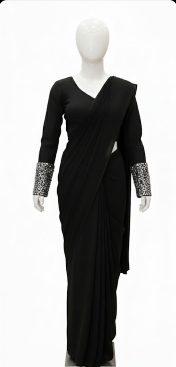 summer shafoon BLACK SLEEVE WORK saree