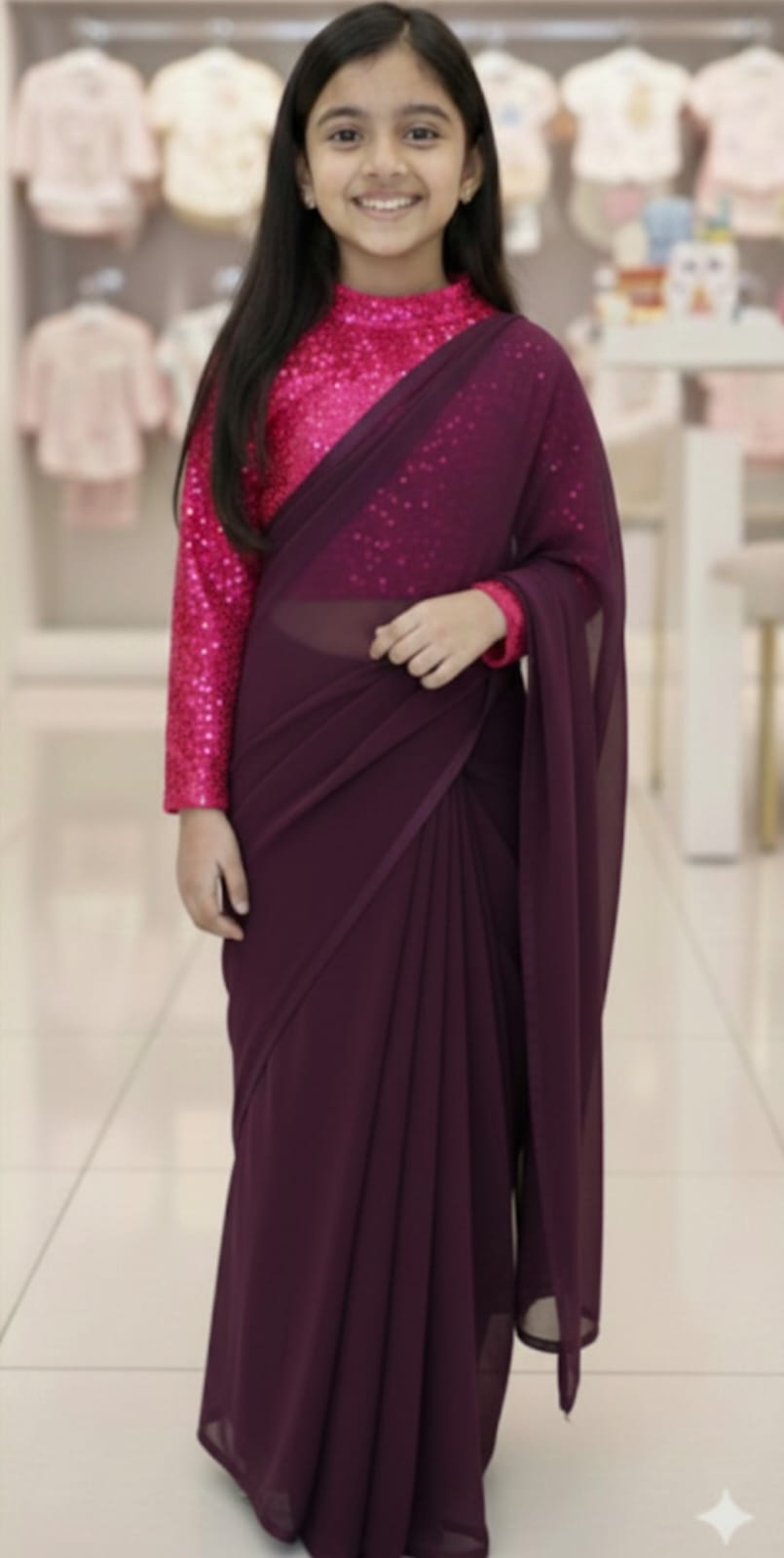 Girls sequence top with net saree
