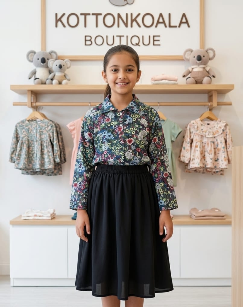 2 piece girls set design top flowers skirt