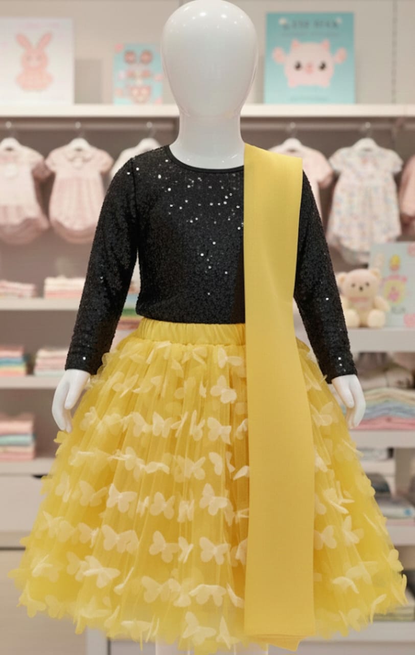 3D party wear butterfly lehenga top dupata set baby girls