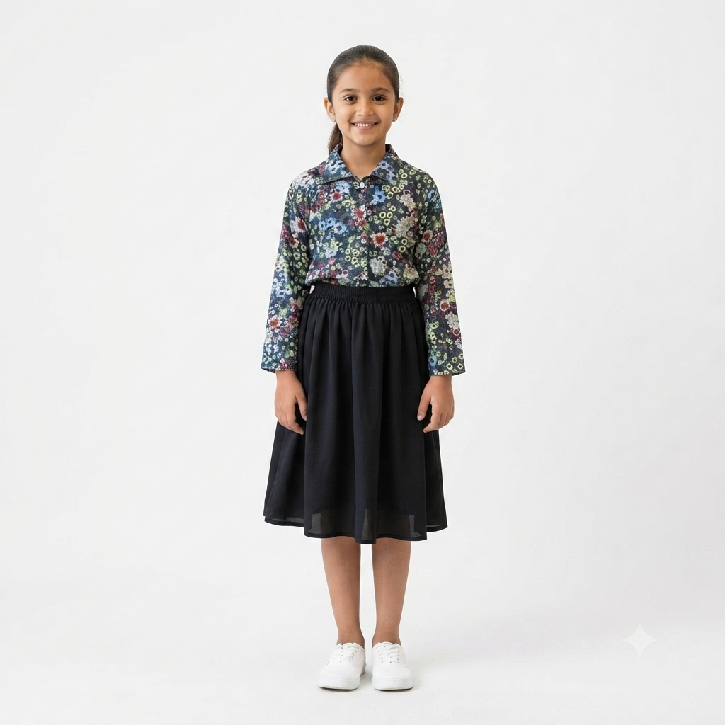 2 piece girls set design top flowers skirt