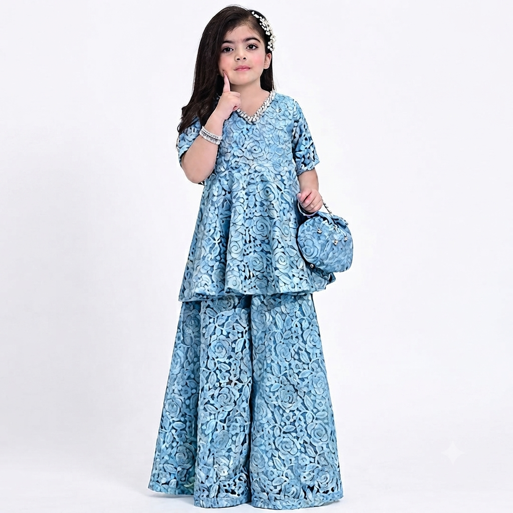 Girls frock plazo with potly purse